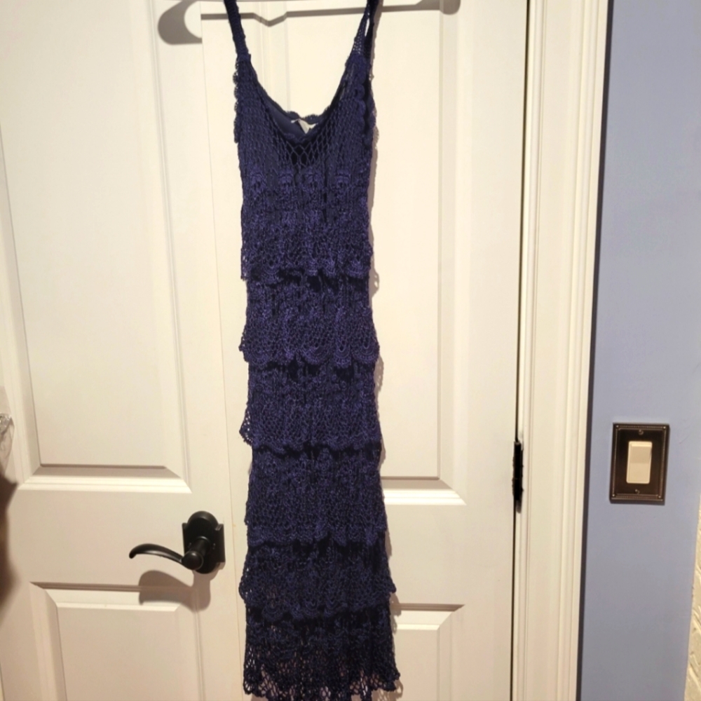 Fun, and flirty crocheted ruffle Boston Proper dress navy blue extra small